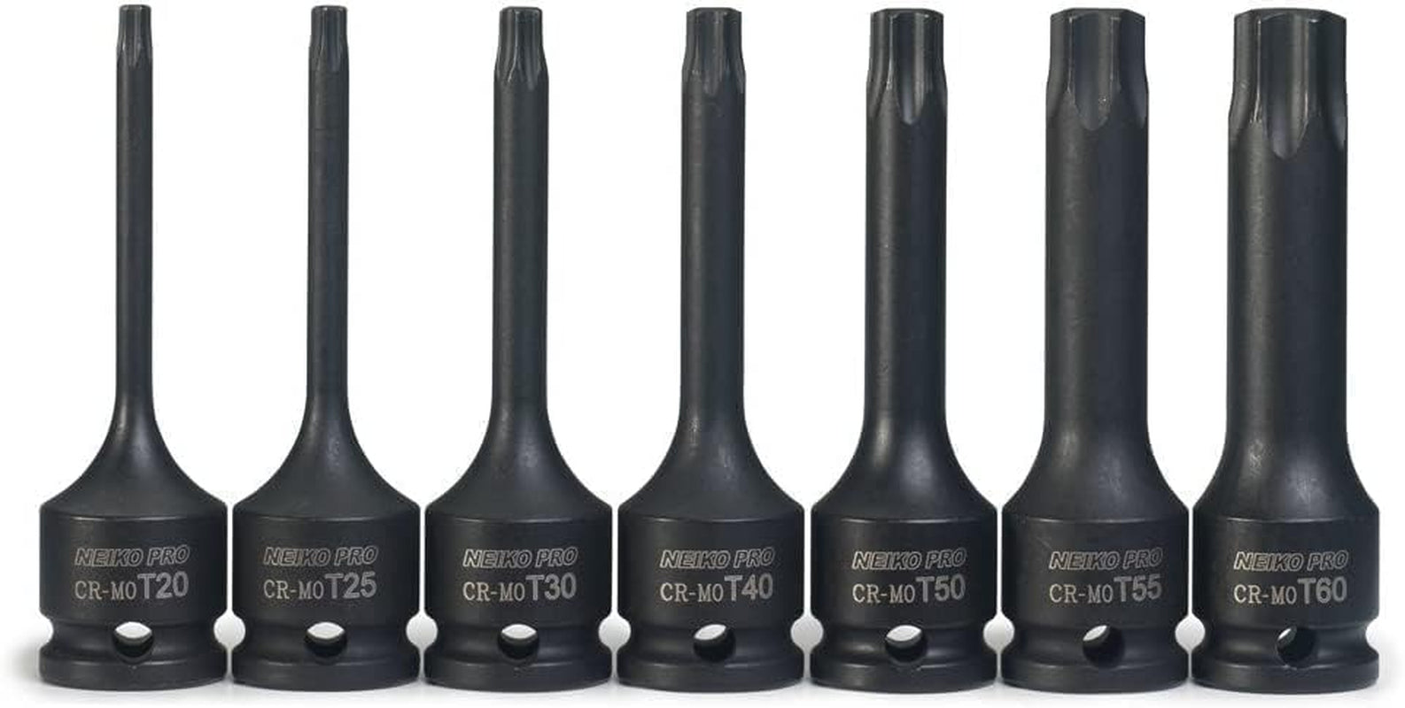 01132B 3/8” Drive Torx Star Driver Bit Socket Set 7 Piece T20 to T60 3” Length Cr-Mo Impact Grade