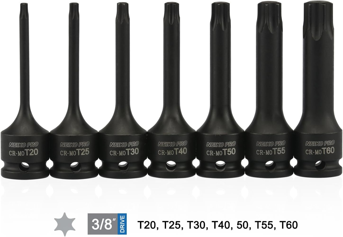 01132B 3/8” Drive Torx Star Driver Bit Socket Set 7 Piece T20 to T60 3” Length Cr-Mo Impact Grade