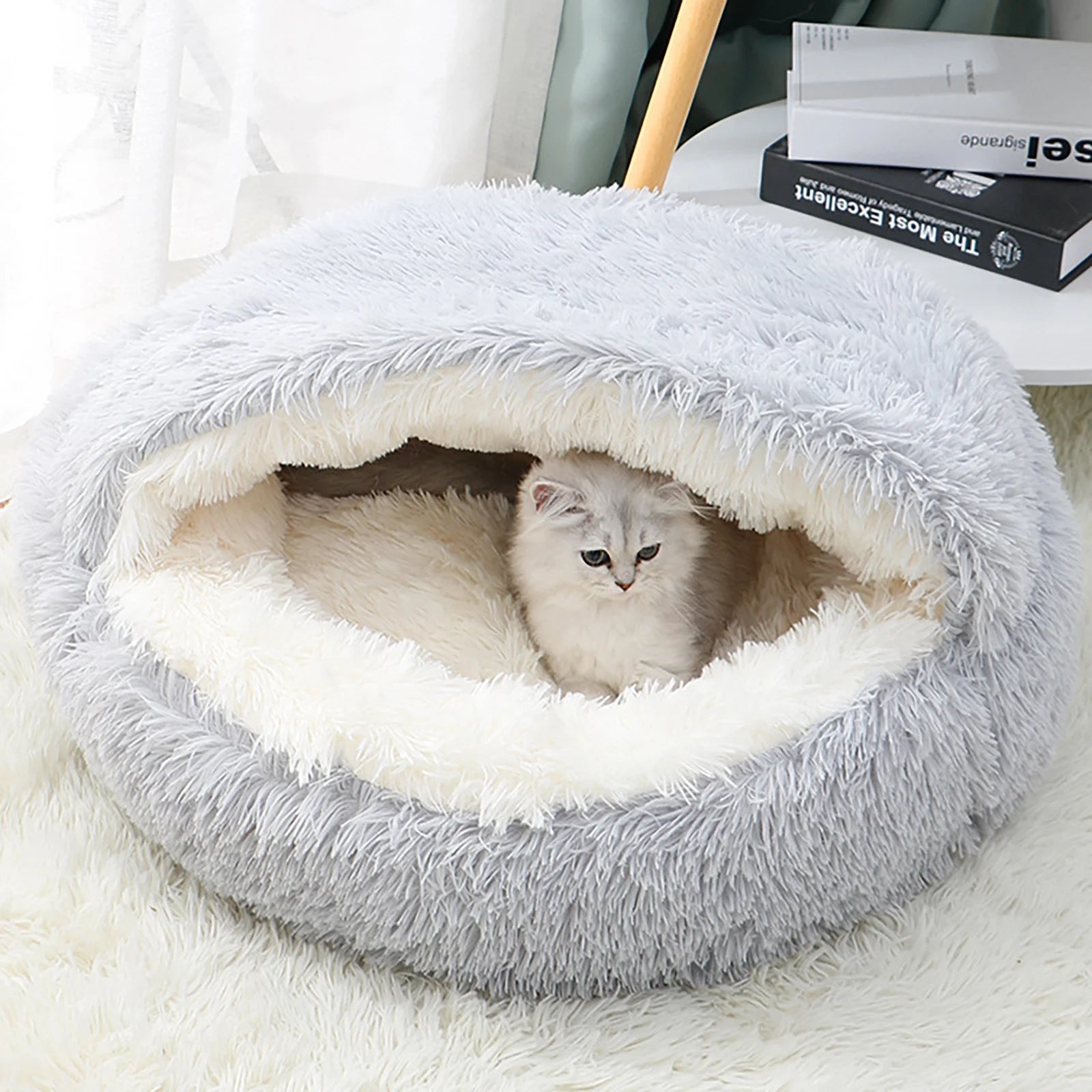 Calming Dog Beds & Cat Cave Bed with Hooded Cover,Removable Washable round Beds for Small Medium Pets,Anti-Slip Faux Fur Fluffy Coved Bed for Improved Sleep,Fits up to 11 Lbs