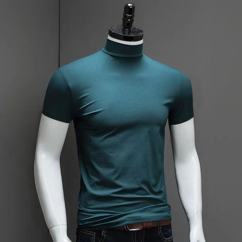 Fashion Men'S Summer Korean Style plus Size Harajuku T-Shirt Short Sleeve High Neck Turtleneck Slim Fit Luxury Clothing Male