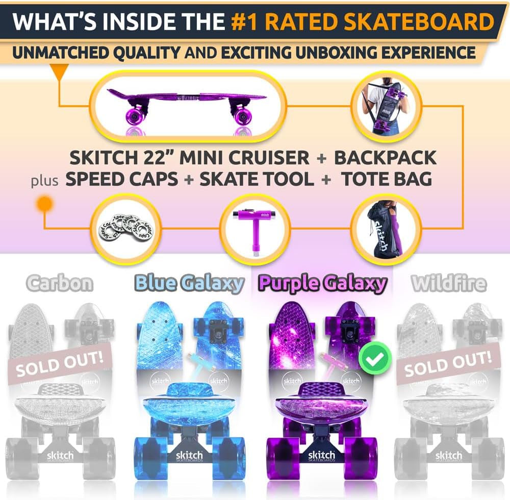 Complete Skateboard Gift Set for All Ages with 22 Inch Mini Cruiser Board + Skateboard Backpack + Skate Tool + Tote Bag