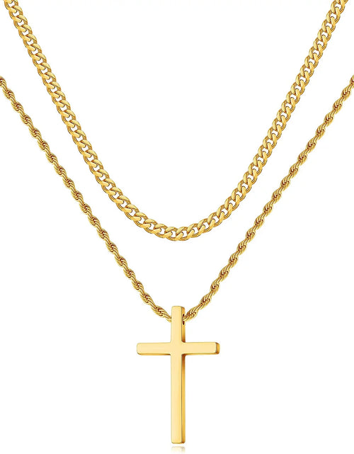 Load image into Gallery viewer, Stainless Steel Cross Necklaces for Men Layered Cuban Link Chain Rope Chain Mens Cross Necklaces Black Silver Gold Cross Pendant Necklace for Men Boys Women 16-26 Inches
