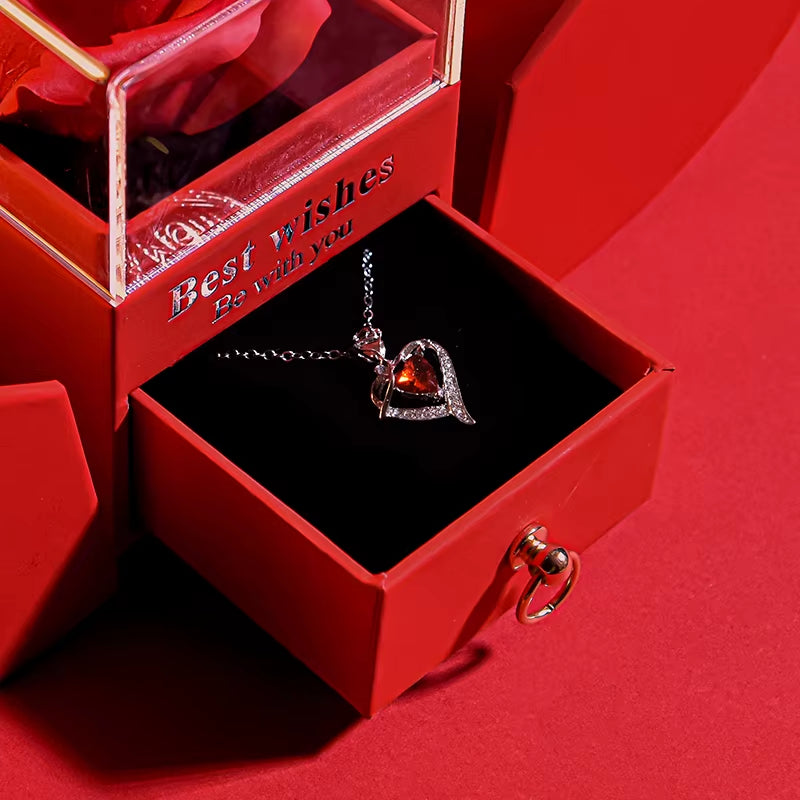 Gifts for Women Eternal Rose Box Heart Pendant Necklace Forever Flower Jewelry Case Wedding Mothers Day Jewelry Girlfriend Gift