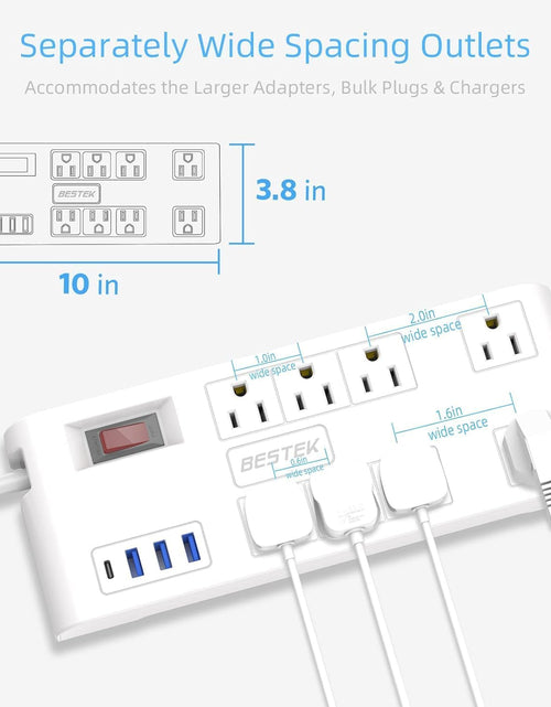 Load image into Gallery viewer, 8-Outlet 6Ft Extension Cord Power Strip with 15A 1875W Surge Protector with 5V 4.2A 4 USB Charge Station,600J,Wide Spaced Outlet for Large Plug
