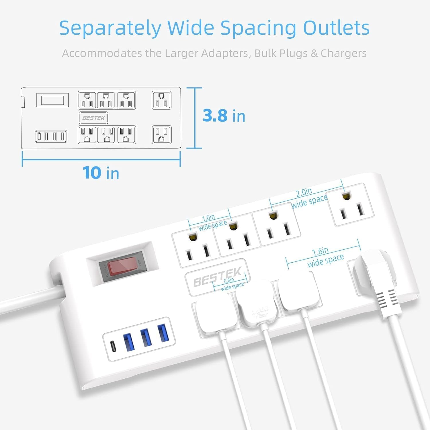 8-Outlet 6Ft Extension Cord Power Strip with 15A 1875W Surge Protector with 5V 4.2A 4 USB Charge Station,600J,Wide Spaced Outlet for Large Plug