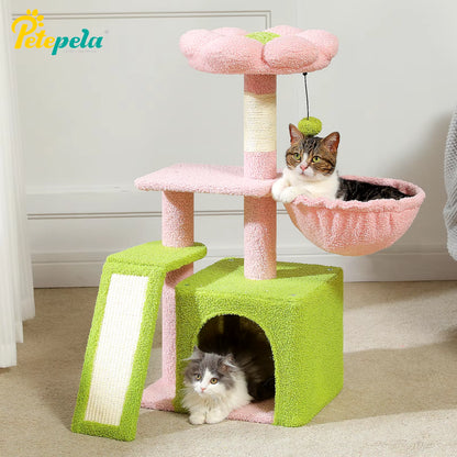 Cat Tree Luxury Cat Towers with Double Condos Spacious Perch Cat Hammock Fully Wrapped Scratching Sisal Post and Dangling Balls