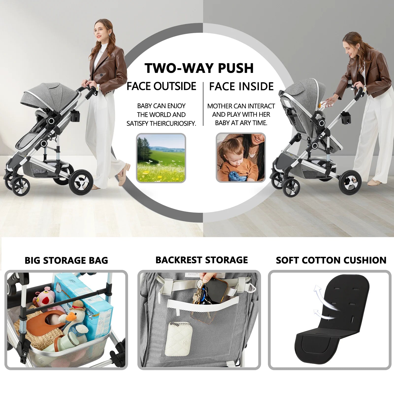 3-In-1 Convertible Baby Stroller, Folding Newborn Stroller with Big Seat, 21LB, Dark Grey