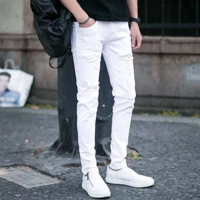 Korean Style Luxury Slim Fit Jeans for Men New Arrival High Street Fashion Ripped Denim Casual Classic White Trousers for Men