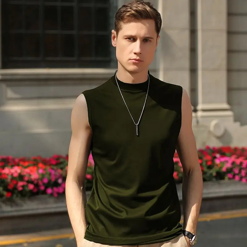 Men'S Modal Vest T-Shirt with High Collar Solid Color Sleeveless Tank Top for Summer Slim Fit Fitness Sportswear Clothes Tops