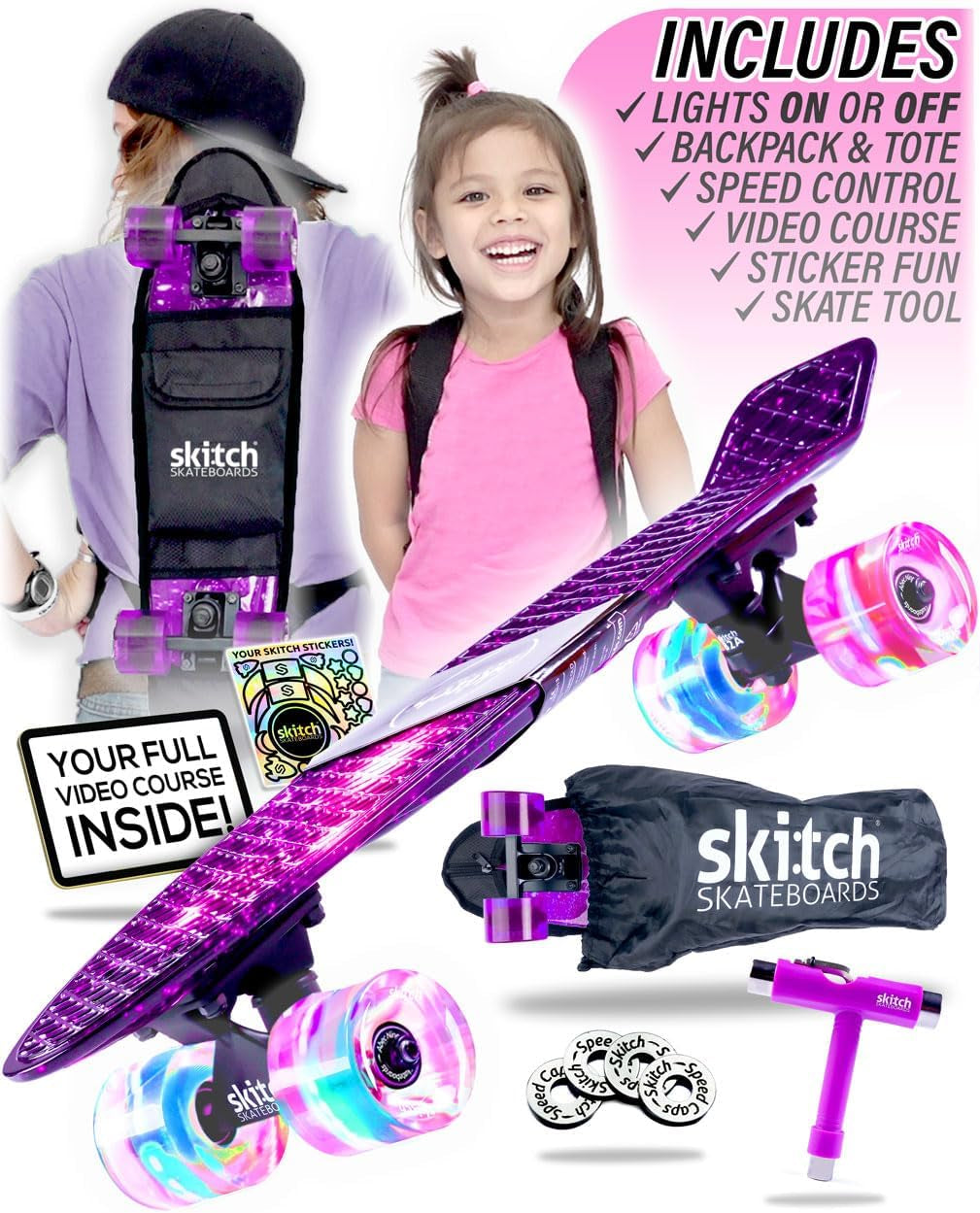 Complete Skateboard Gift Set for All Ages with 22 Inch Mini Cruiser Board + Skateboard Backpack + Skate Tool + Tote Bag