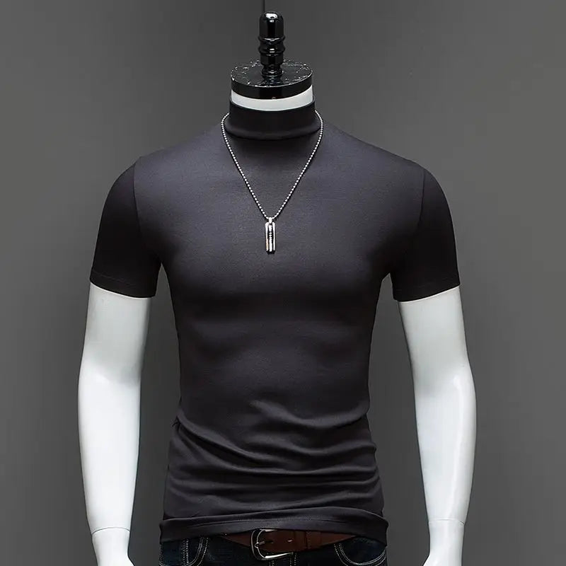 Fashion Men'S Summer Korean Style plus Size Harajuku T-Shirt Short Sleeve High Neck Turtleneck Slim Fit Luxury Clothing Male