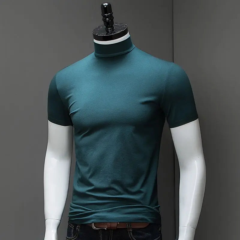 Fashion Men'S Summer Korean Style plus Size Harajuku T-Shirt Short Sleeve High Neck Turtleneck Slim Fit Luxury Clothing Male