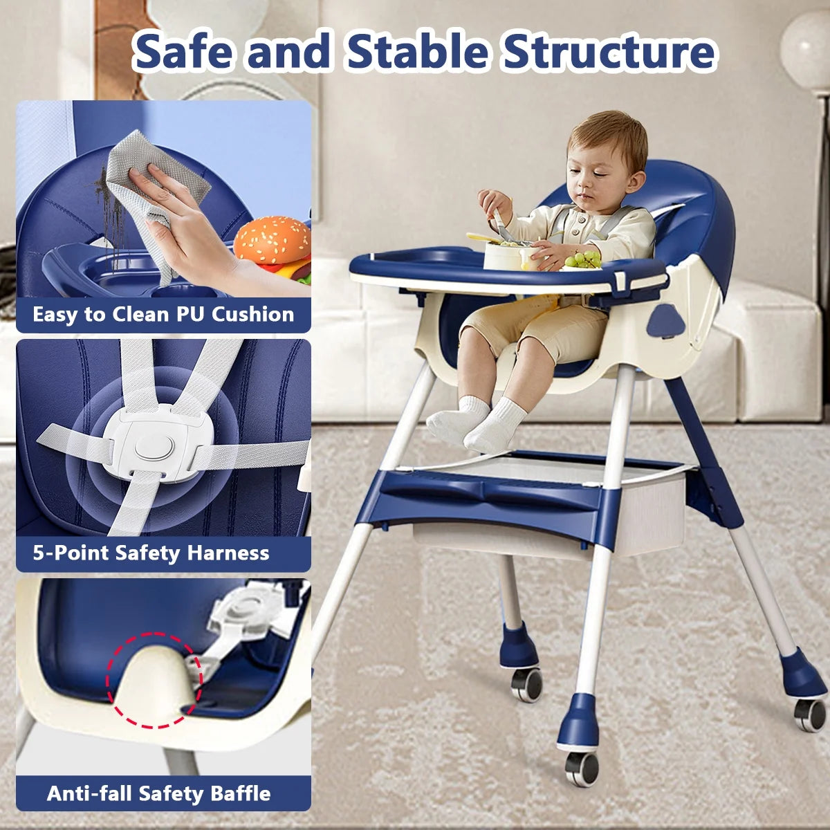 Portable High Chair with Wheels, Foldable Travel High Chair for Babies Toddlers, Purple