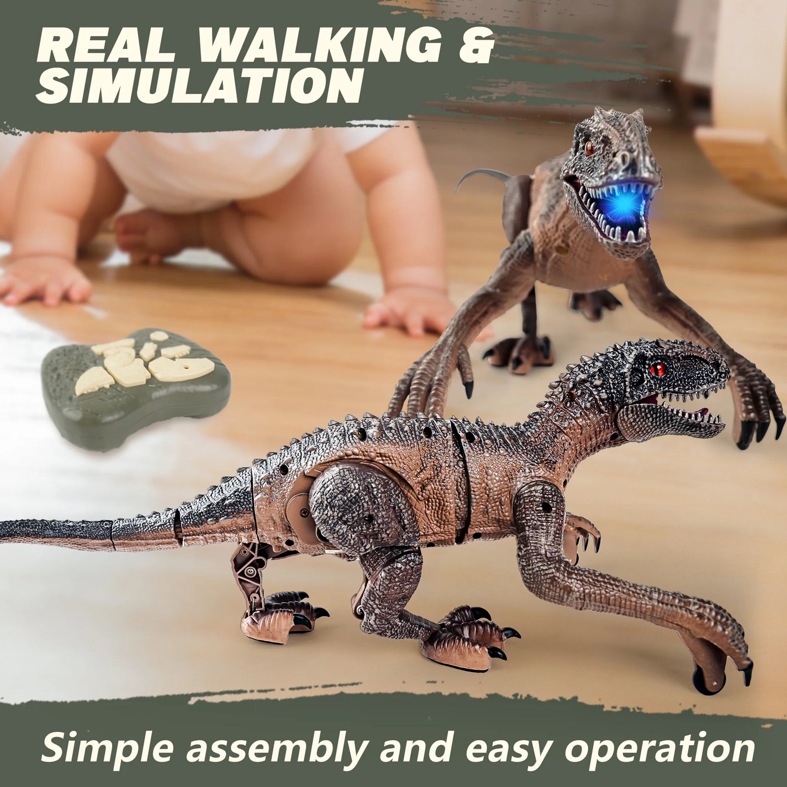 Remote Control Dinosaur Toy for Kids, LED Lightup Walking Roaring Velociraptor, RC Dinosaur Toys for 3-6 Boys Girls