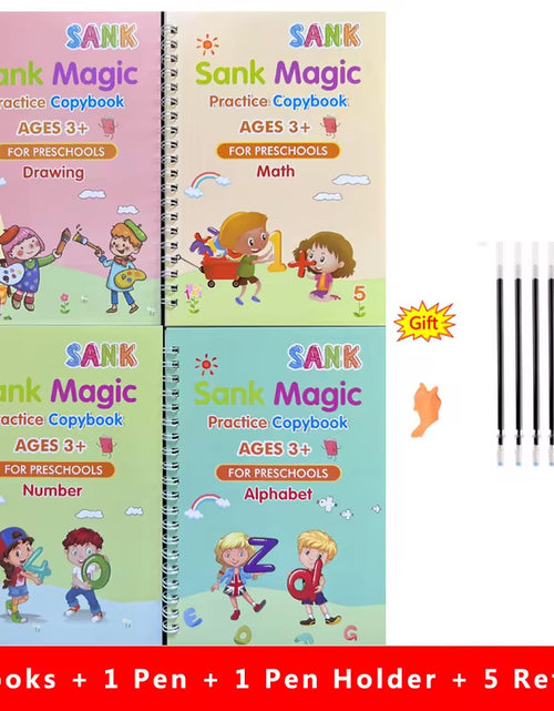 Load image into Gallery viewer, 4Pcs Sank Magic Practice Copybook Pen Preschools Kids Calligraphy English Verison Free Wiping Children Reusable Writing Book
