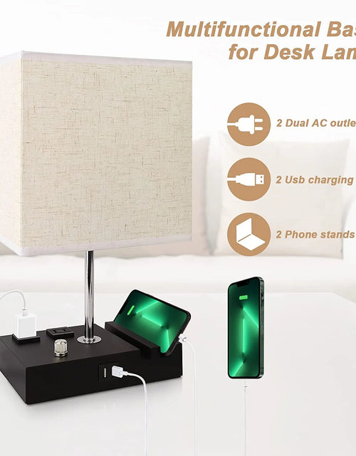 Load image into Gallery viewer, Bedside Table Lamp for Bedroom with Dual Fast USB Charging Ports, Fully Dimmable Nightstand Lamps with 2 Phone Stands and 2 Charging Outlets, Desk Lamp with Fabric Shade for Living Room
