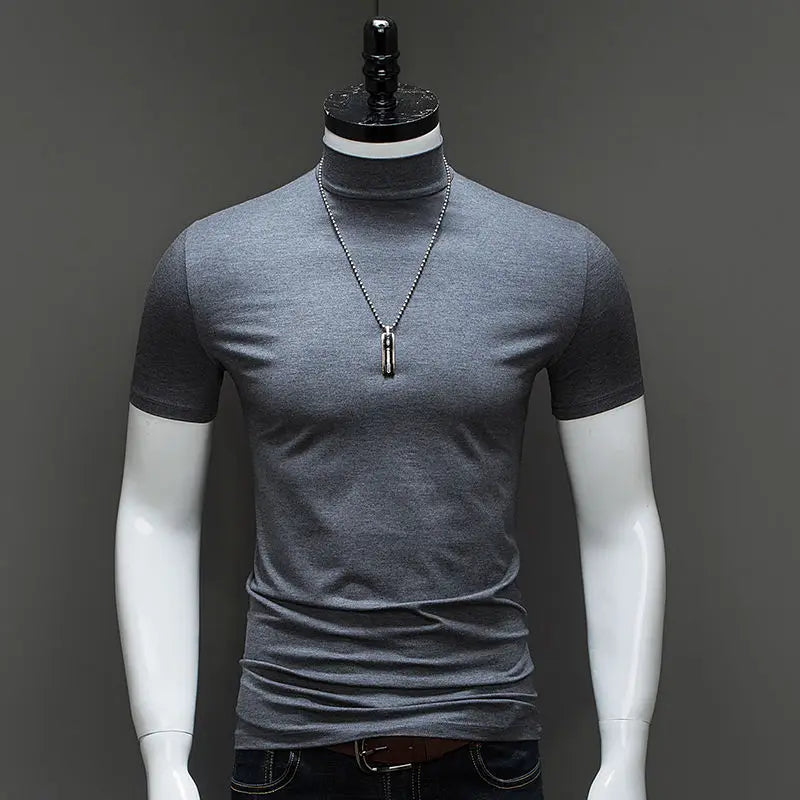 Fashion Men'S Summer Korean Style plus Size Harajuku T-Shirt Short Sleeve High Neck Turtleneck Slim Fit Luxury Clothing Male