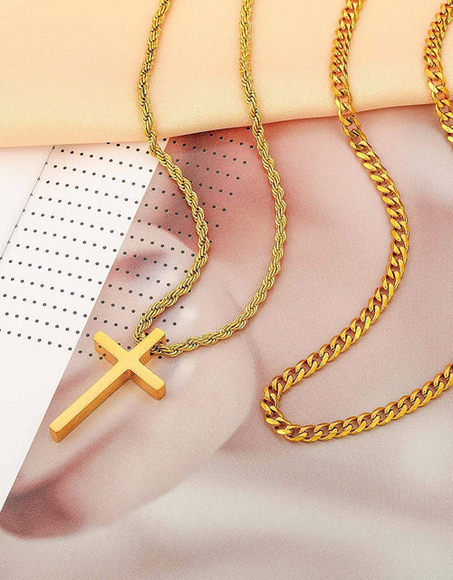 Load image into Gallery viewer, Stainless Steel Cross Necklaces for Men Layered Cuban Link Chain Rope Chain Mens Cross Necklaces Black Silver Gold Cross Pendant Necklace for Men Boys Women 16-26 Inches
